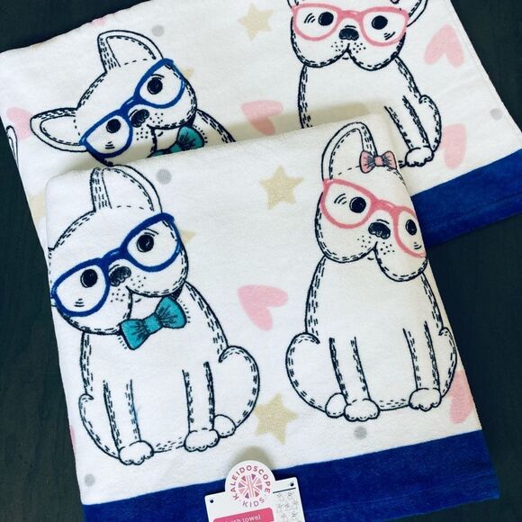 Frenchie Puppy Dogs in Glasses 3-pc Blue & Pink Bath Towels Set - Picture 2 of 2